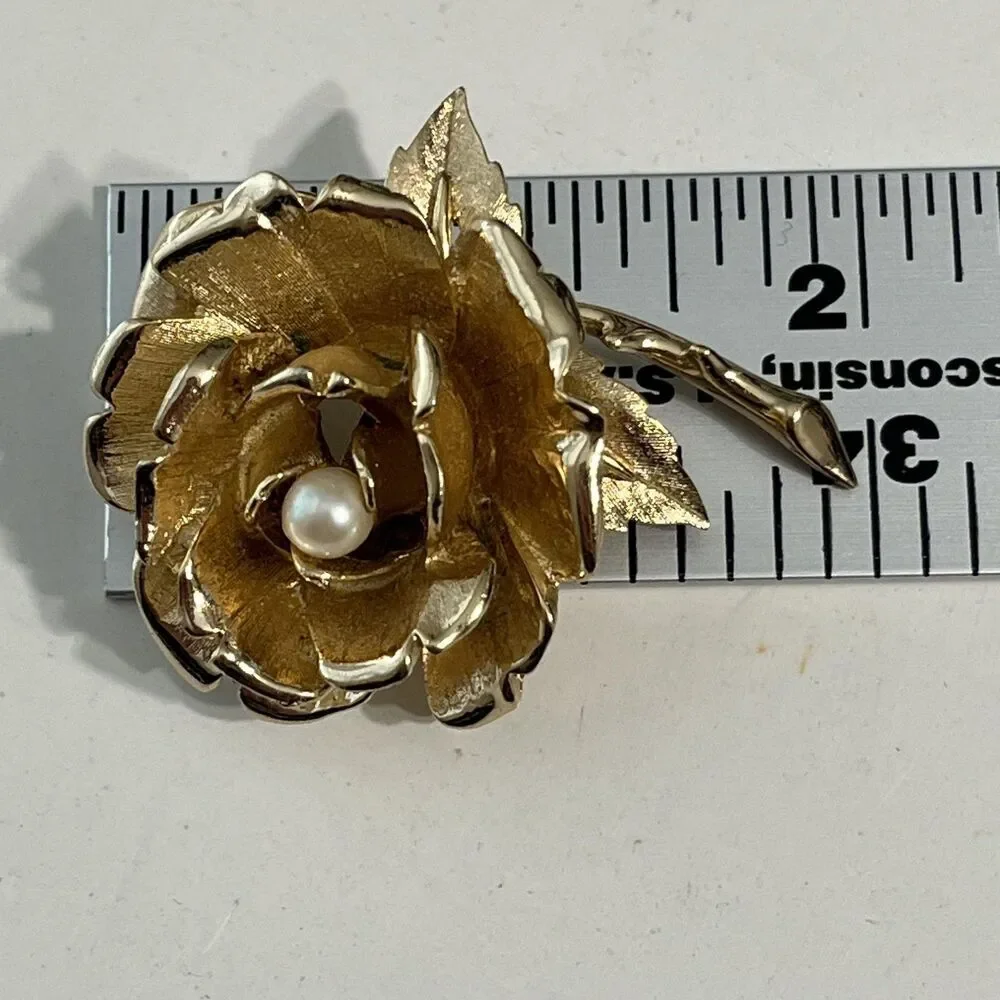 Vintage Marcel Boucher Rose Flower Brooch Gold Tone Pearl Pin Floral Italy